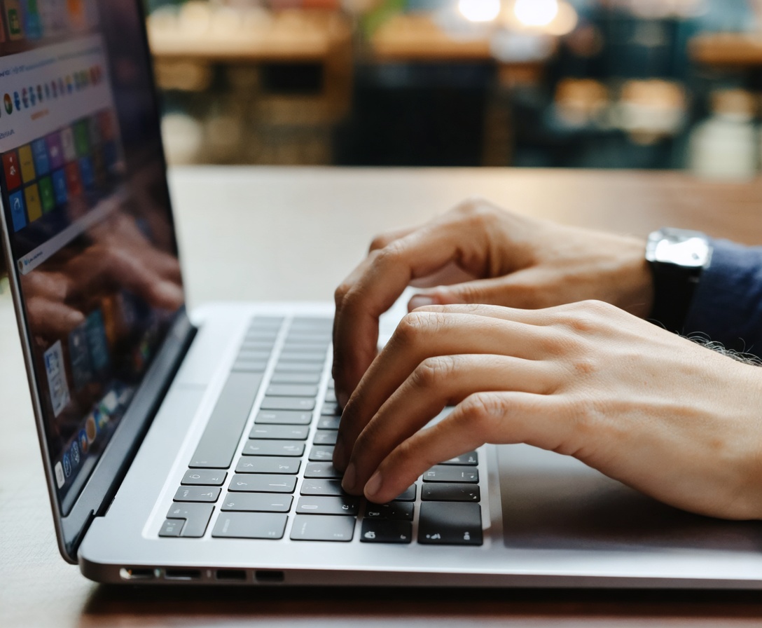 Záber na písanie odborného článku o podnikateľskom práve na modernom notebooku v inšpiratívnom prostredí