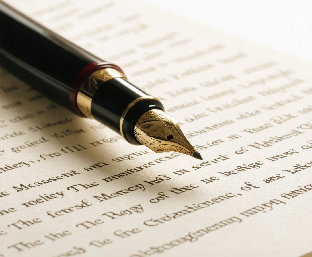 Detailný záber na podpísanú právnu zmluvu s plniacim perom na kvalitnom papieri