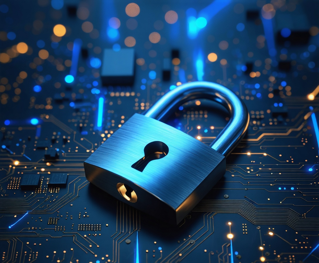 Abstraktné vyjadrenie digitálnej bezpečnosti so symbolom visiaceho zámku na tmavom pozadí