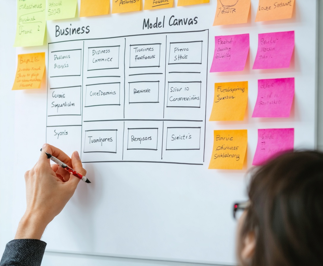 Detailný záber na kreslenie a analýzu biznis modelu počas spoločného strategického workshopu v našej bratislavskej kancelárii